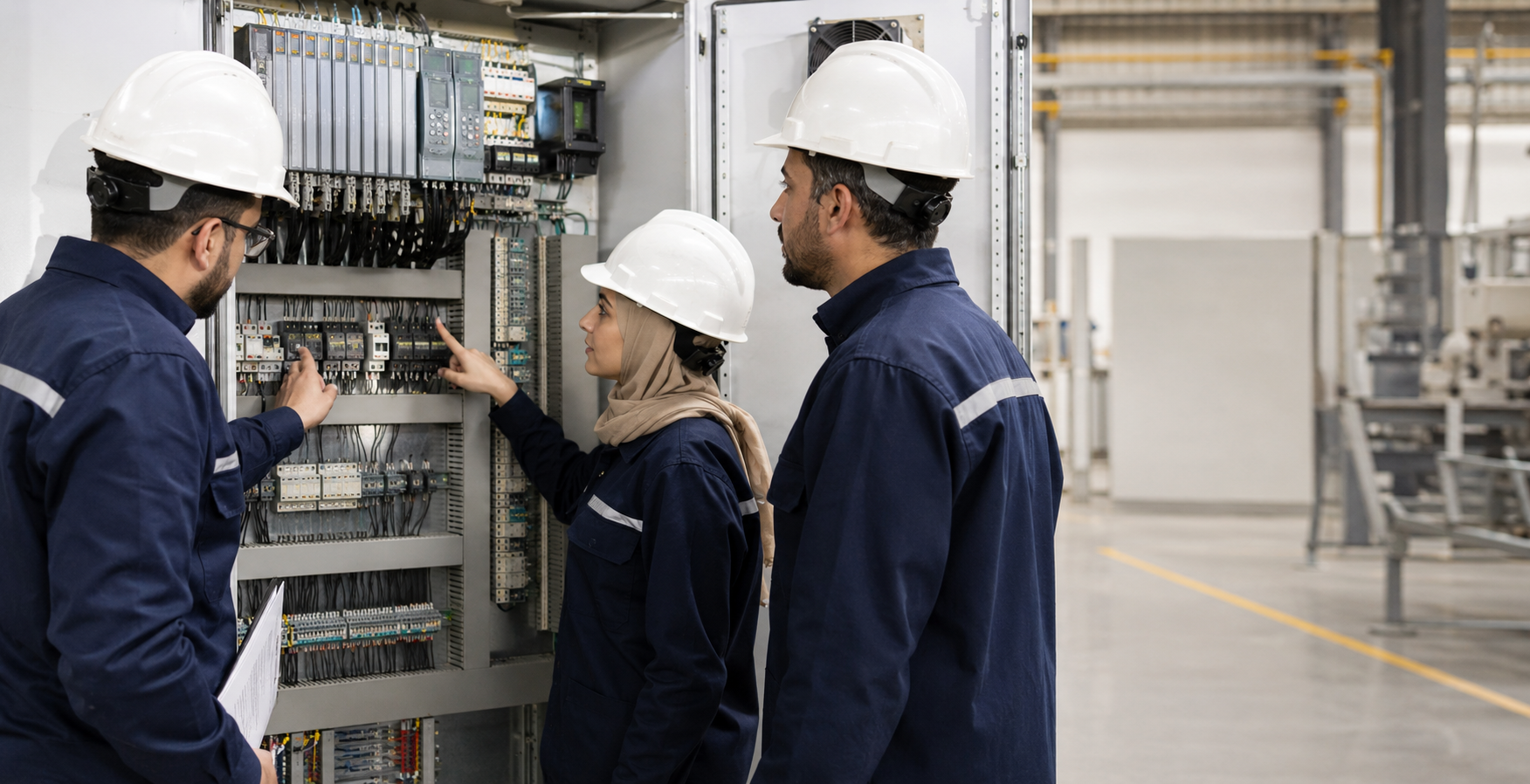 Diamond Technology team reviewing an industrial automation control panel