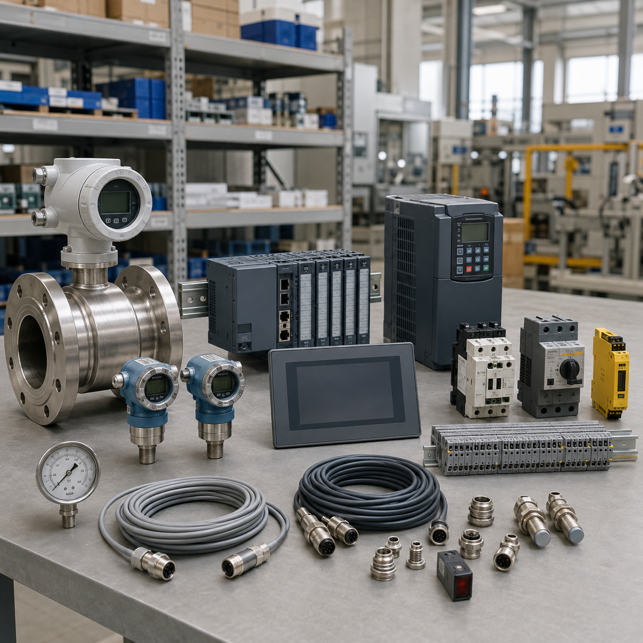 Industrial supplies including flowmeters, pressure transmitters, PLCs, VFDs, HMIs, and control components